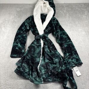 NWT Jenni Women's Faux-Sherpa Hood Trim Fleece Short Robe Green Tie-Dye XS/S